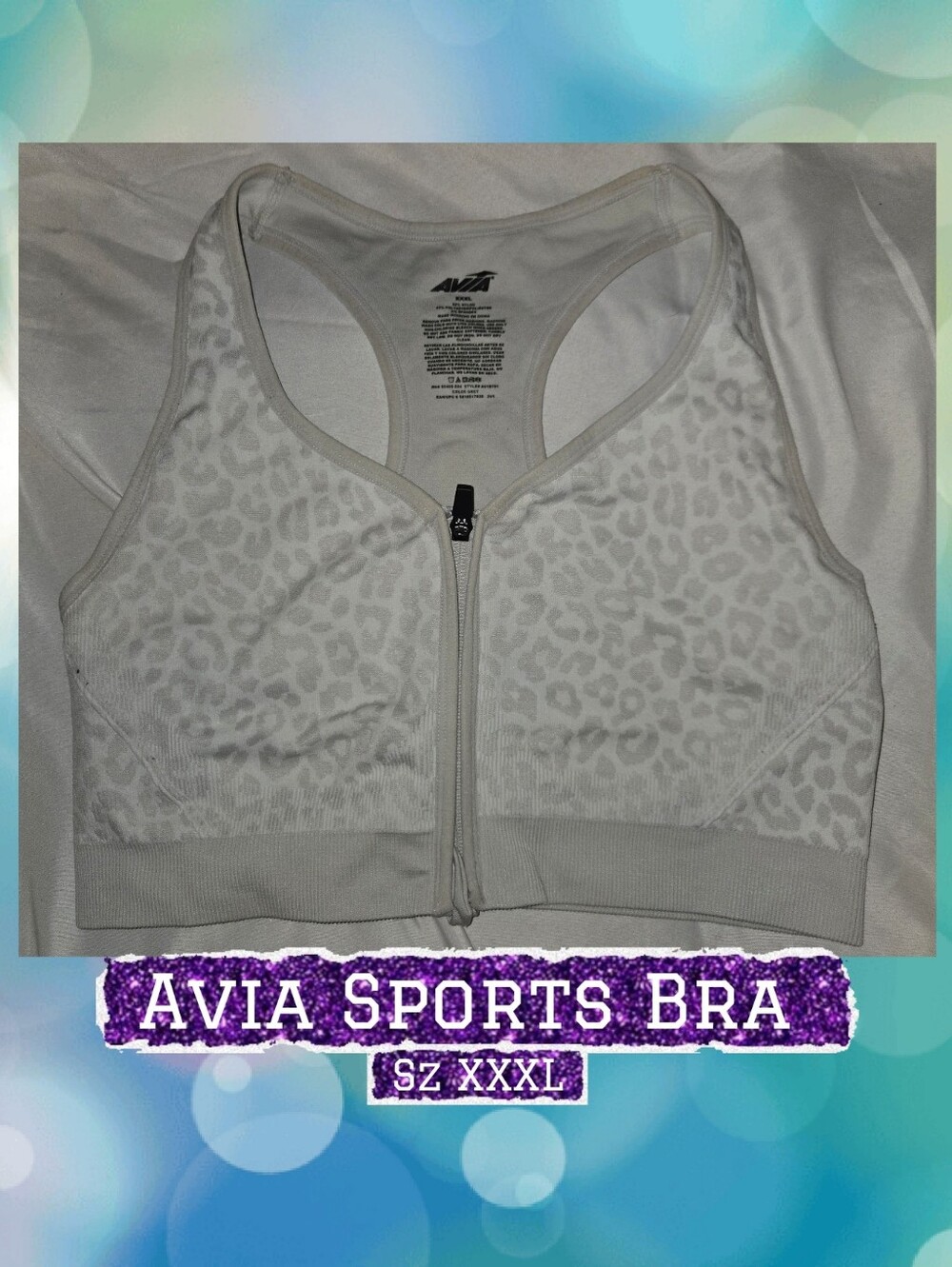 Avia White Leopard-Print Front Zip Sports Bra Sz XXXL